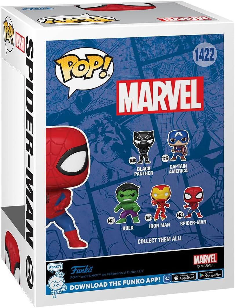 Caja Funko Pop, tema Spider-Man. Se muestra la figura de Spider-Man y otros personajes de Marvel.