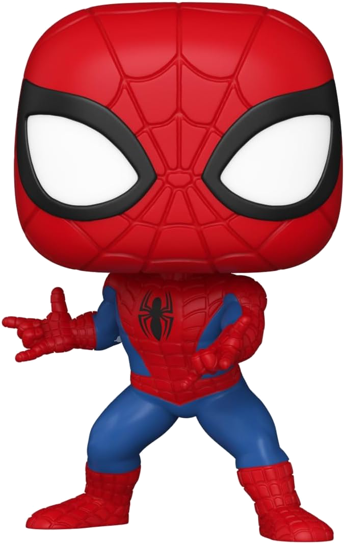 Figura Funko Pop de Spider-Man, traje rojo y azul, posando de pie.