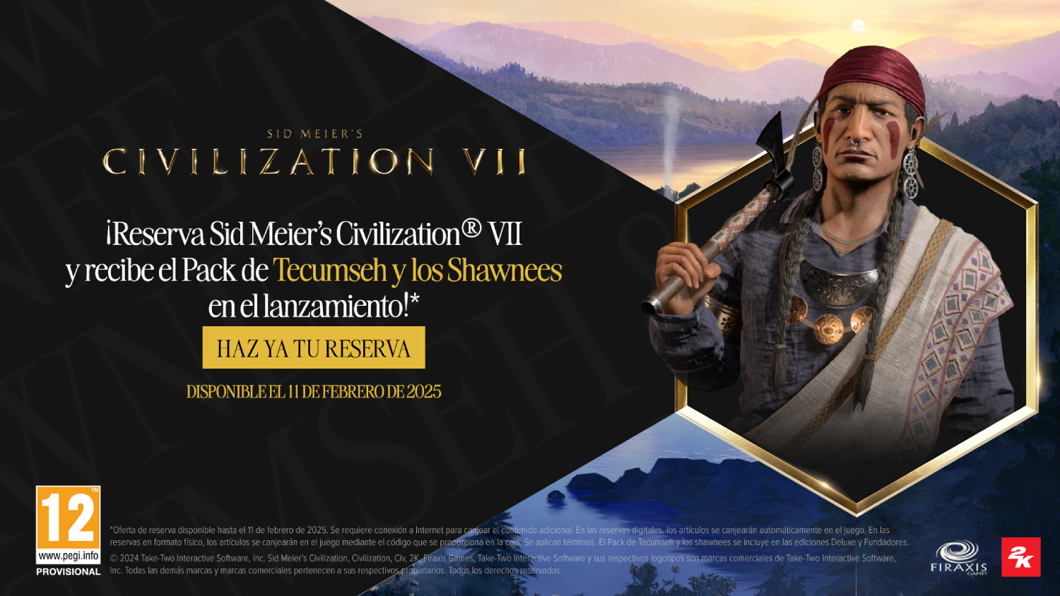 Anuncio de Sid Meier's Civilization VII. Un nativo americano sostiene un arma. Texto en español.