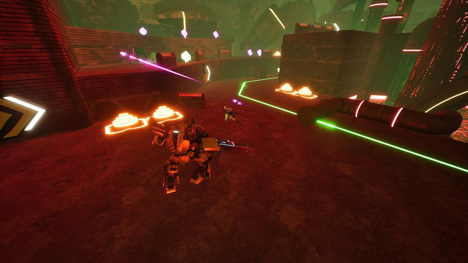 Una escena de videojuego futurista con robots luchando en un entorno iluminado en rojo. Se ven láseres.