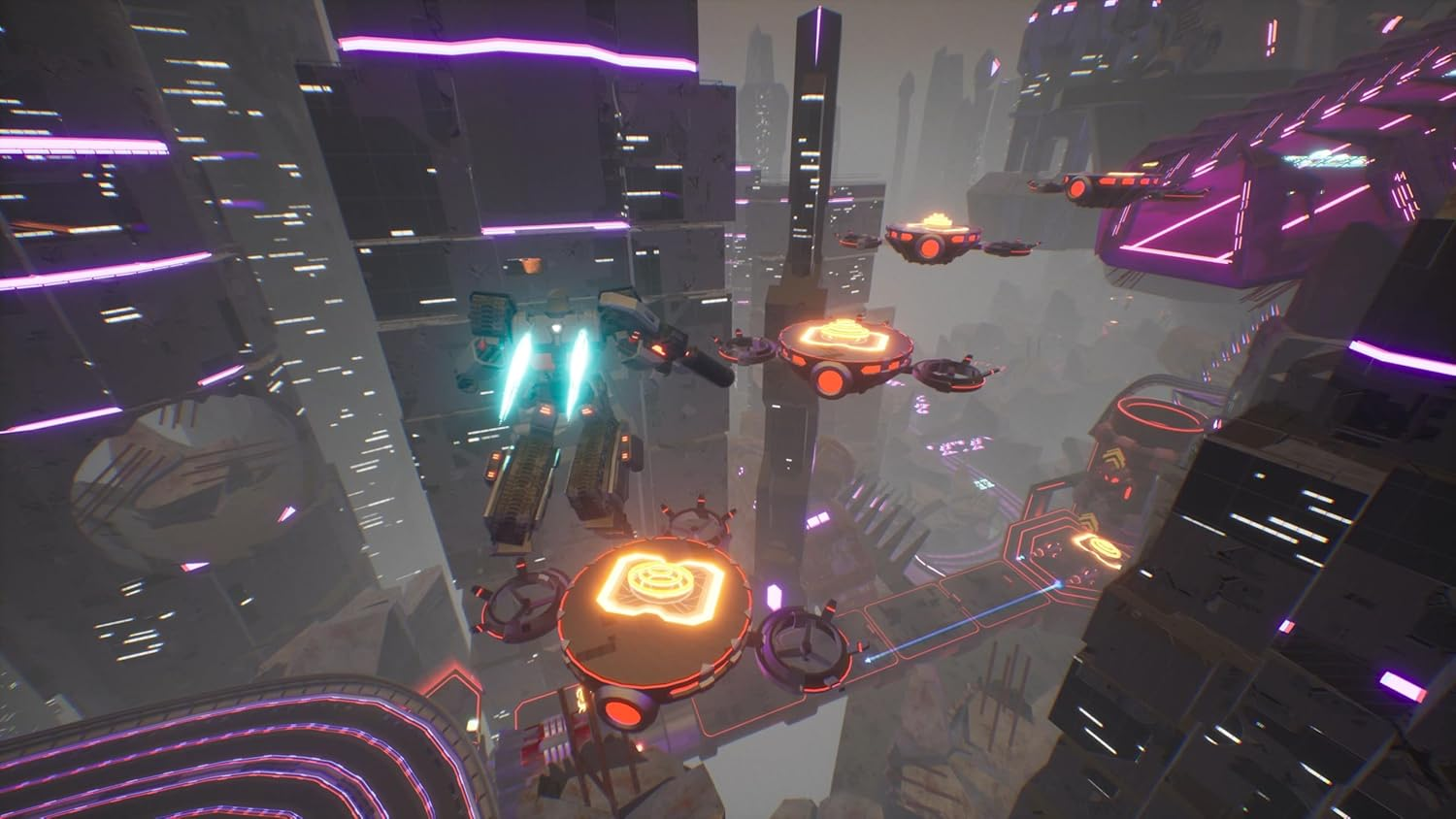 Un paisaje urbano futurista con luces de neón y vehículos voladores.