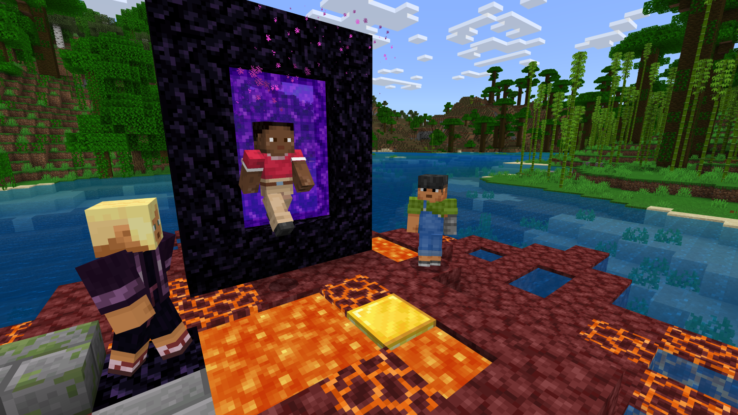 Escena de Minecraft con tres figuras y un portal morado. La lava está en primer plano.