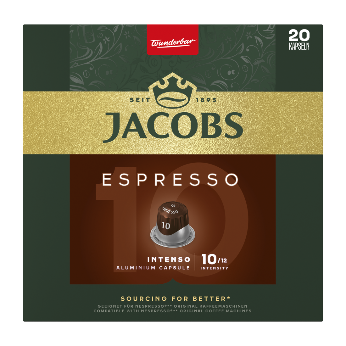 Pudełko kawy Jacobs Espresso z kapsułką do kawy i napisem 'Espresso 10'.