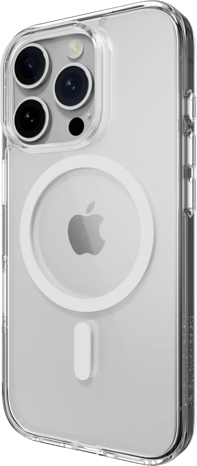 Átlátszó telefontok fehér MagSafe gyűrűvel és telefonnal.