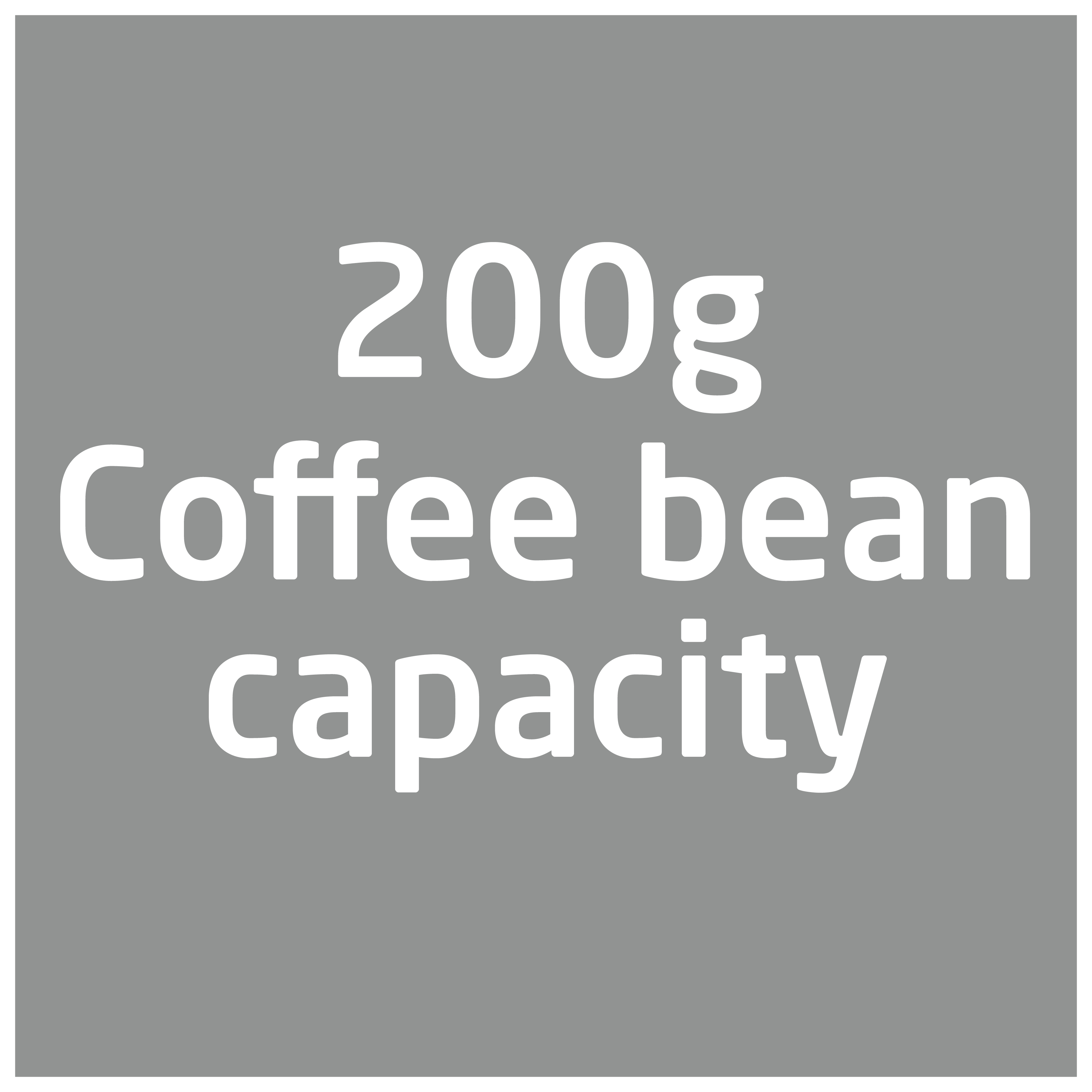 Ein graues Quadrat mit dem Text '200g Coffee bean capacity' in Weiß, der die Kapazität des Produkts angibt.