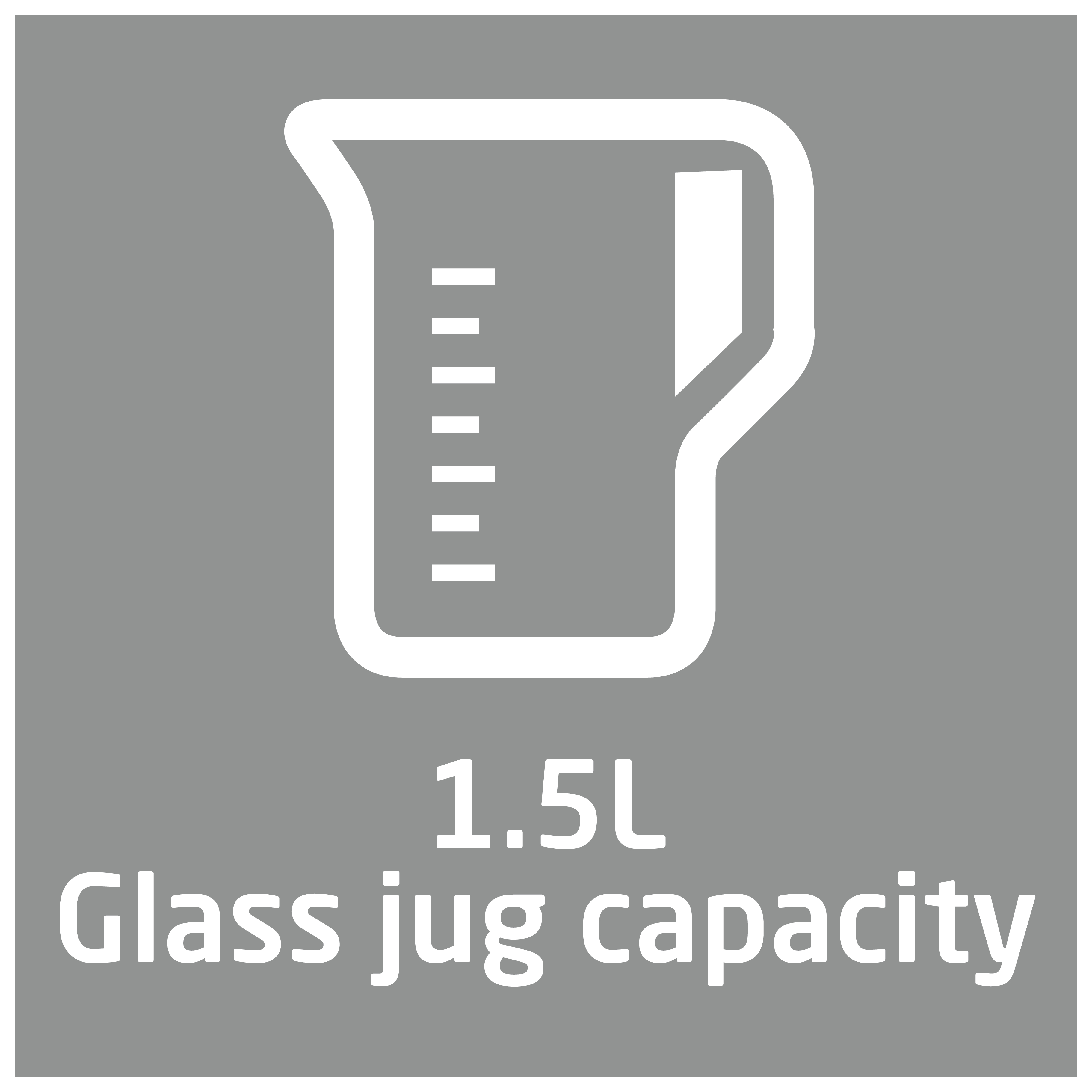 Weißes Krugsymbol mit Messungen auf grauem Hintergrund, Text darunter: 1,5L Glas-Krug-Kapazität.