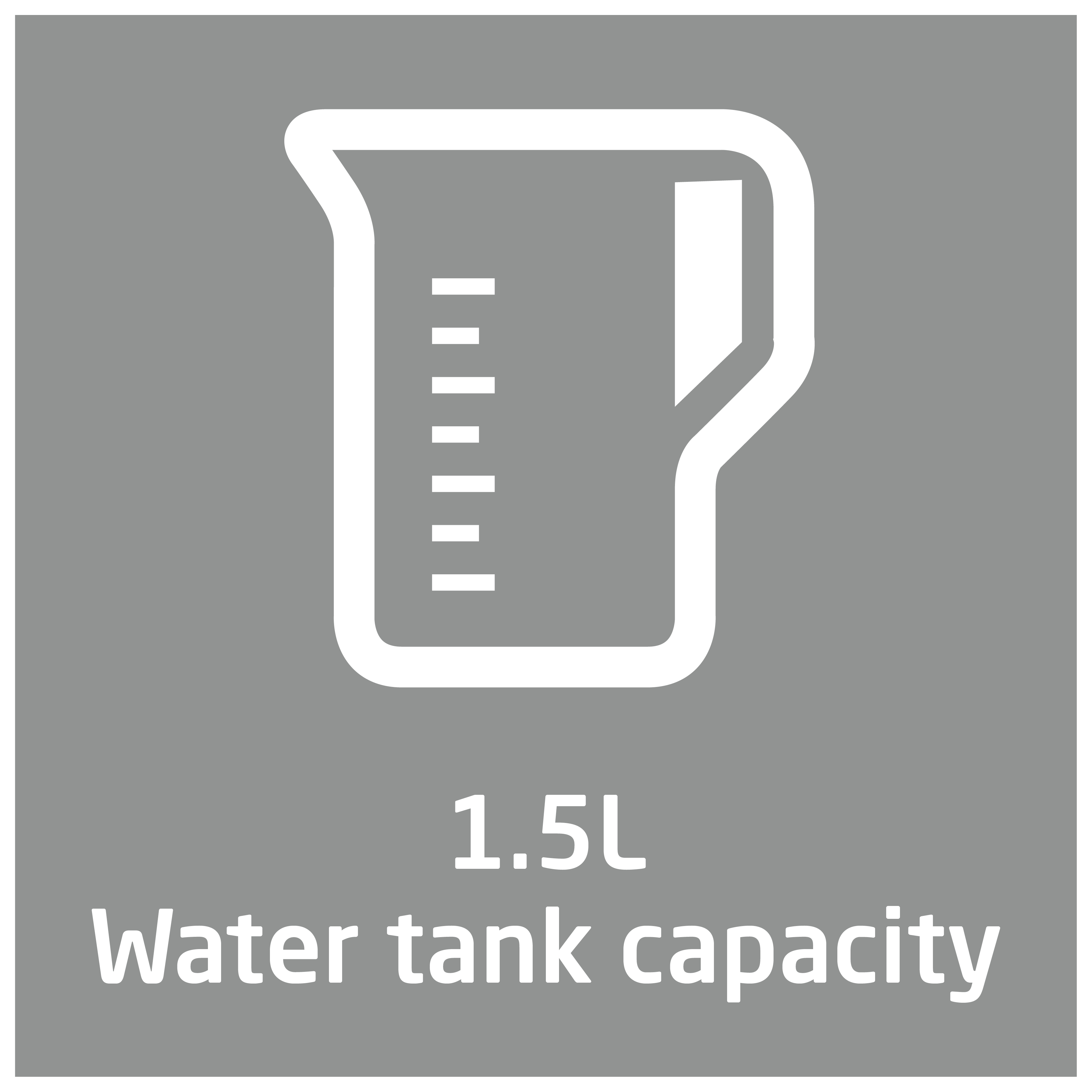 Symbol mit einem weißen Messbecher und Text: 1,5 l Wassertankkapazität auf grauem Hintergrund.