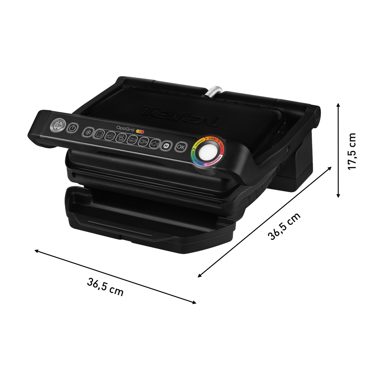 OptiGrill noir avec étiquettes de dimensions : 36,5 cm, 17,5 cm et 36,5 cm.