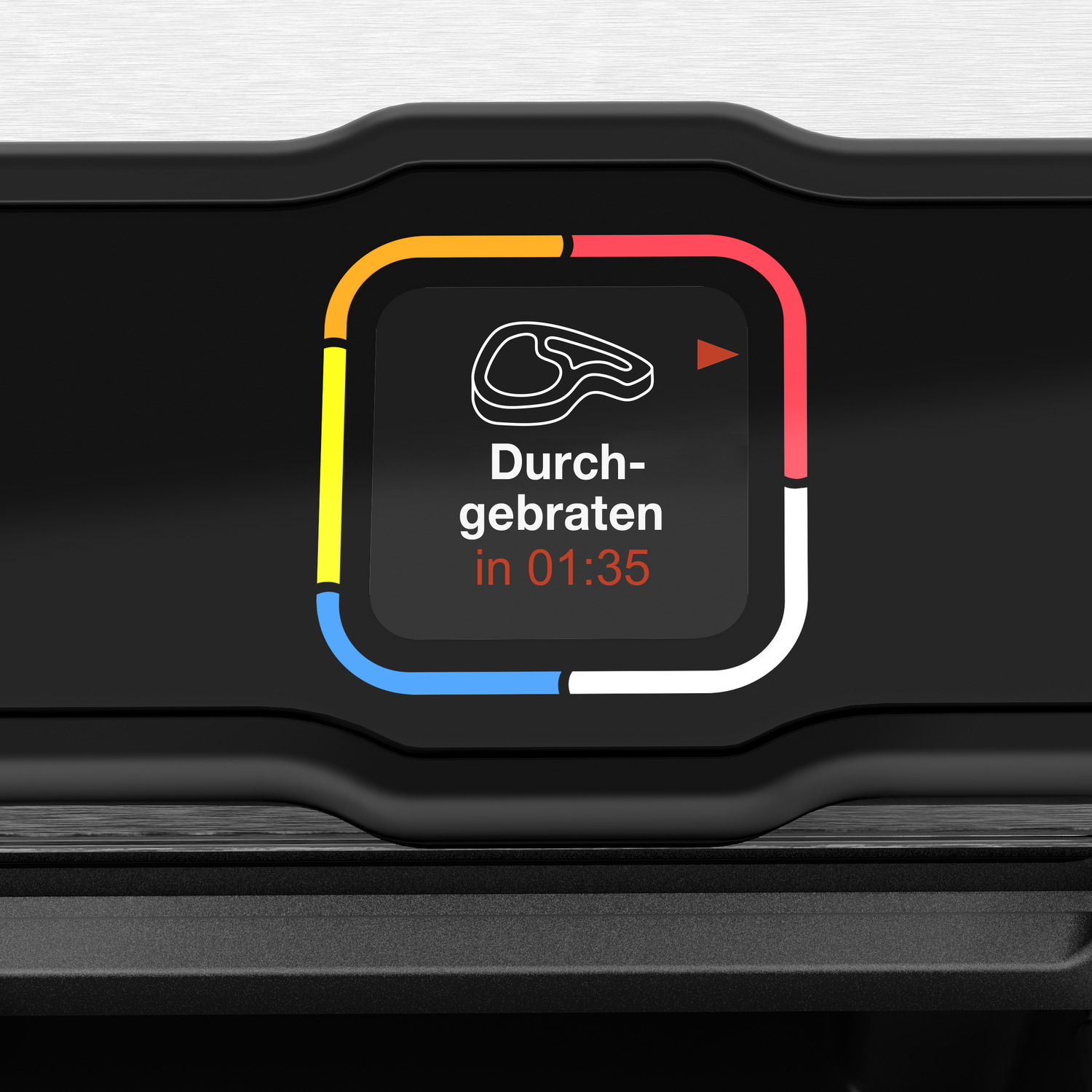 Interface du four avec icône de steak et minuterie, indiquant le temps de cuisson. Texte: Durchgebraten.