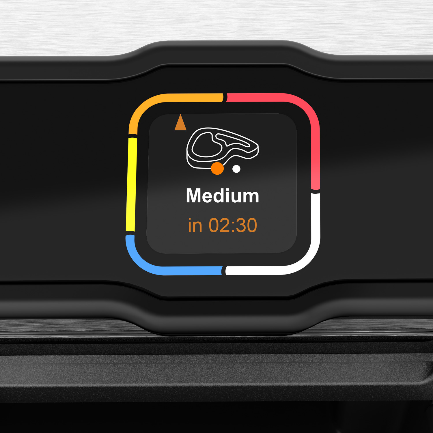 Une surface noire avec un écran de cuisson affichant un steak à point en 2:30.