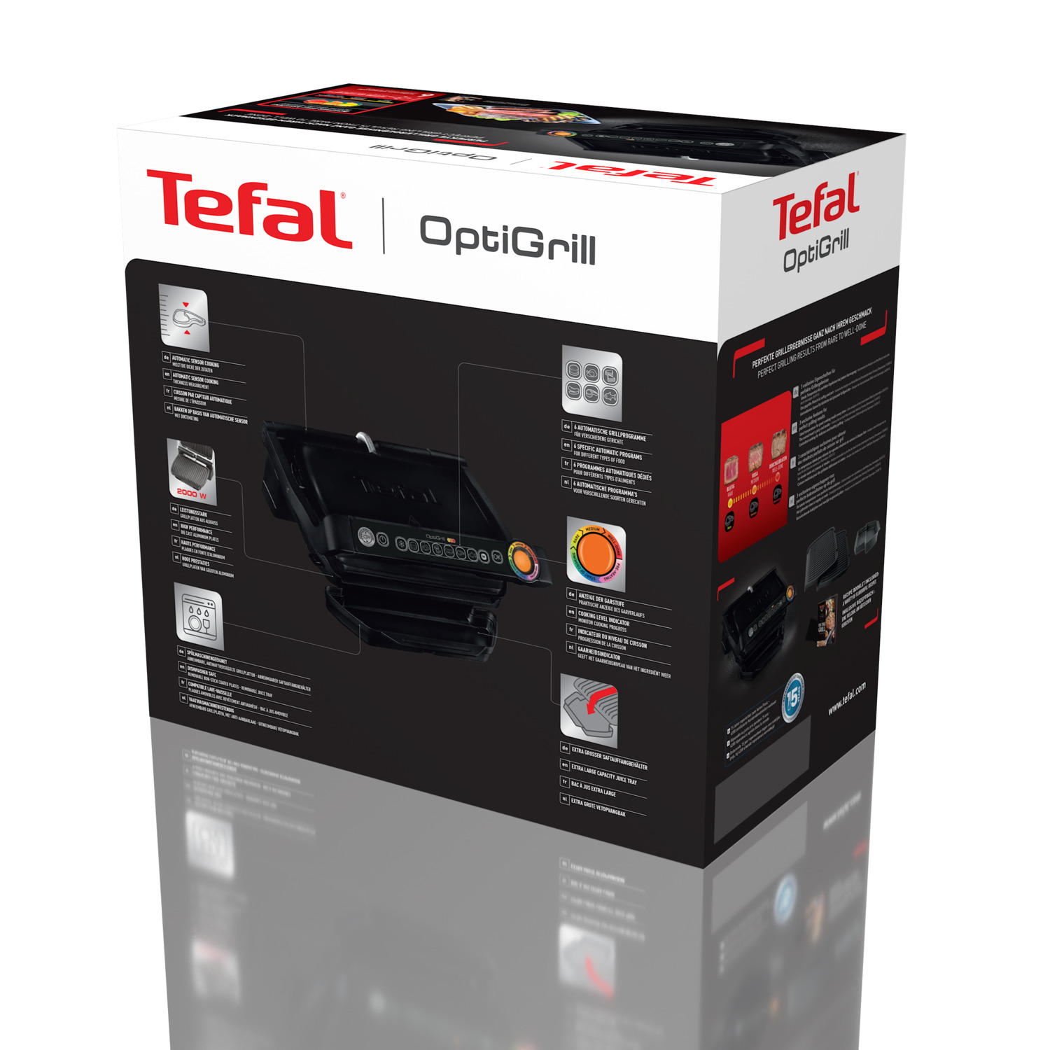 Boîte Tefal OptiGrill, montrant le grill et ses fonctionnalités, avec reflets sur une surface brillante.