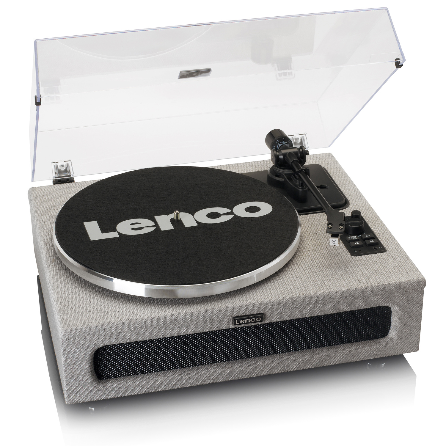 Turntable with a black record, gray base, and a transparent cover in the open position.