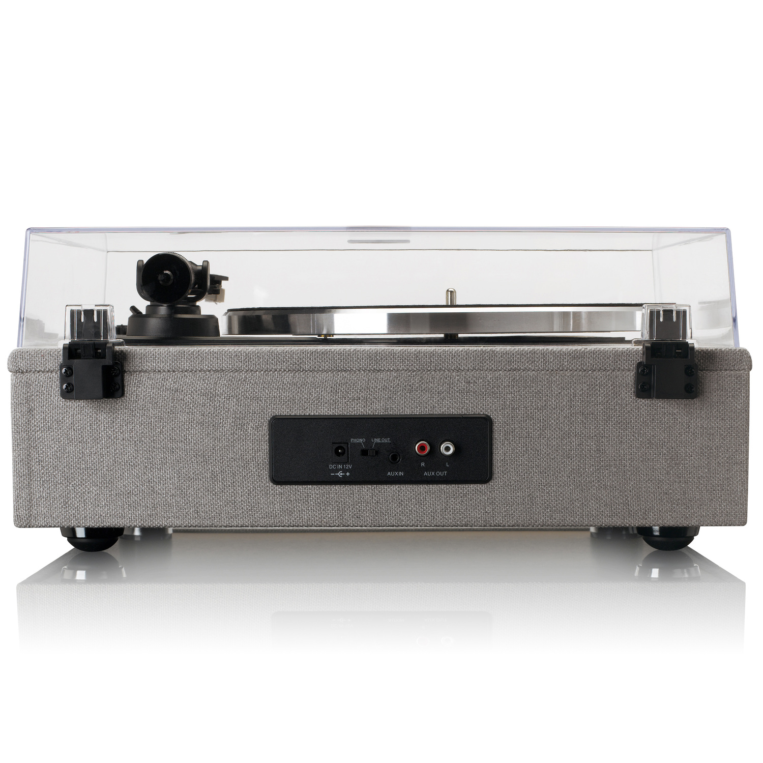 Rear view of a gray retro turntable with a transparent cover.