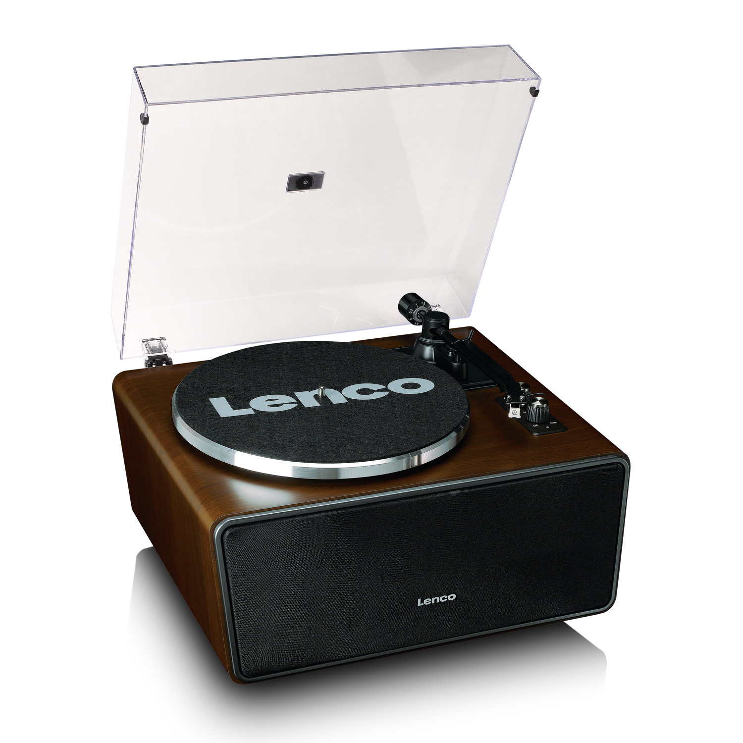 A vintage turntable with a wooden base and a clear cover.
