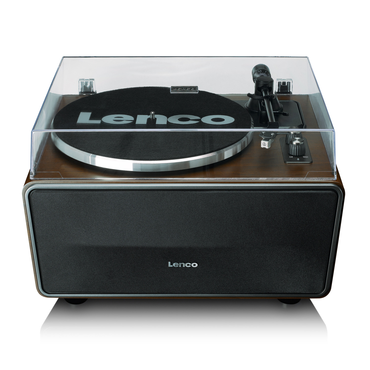 A wooden Lenco turntable with a transparent cover and a dark speaker.