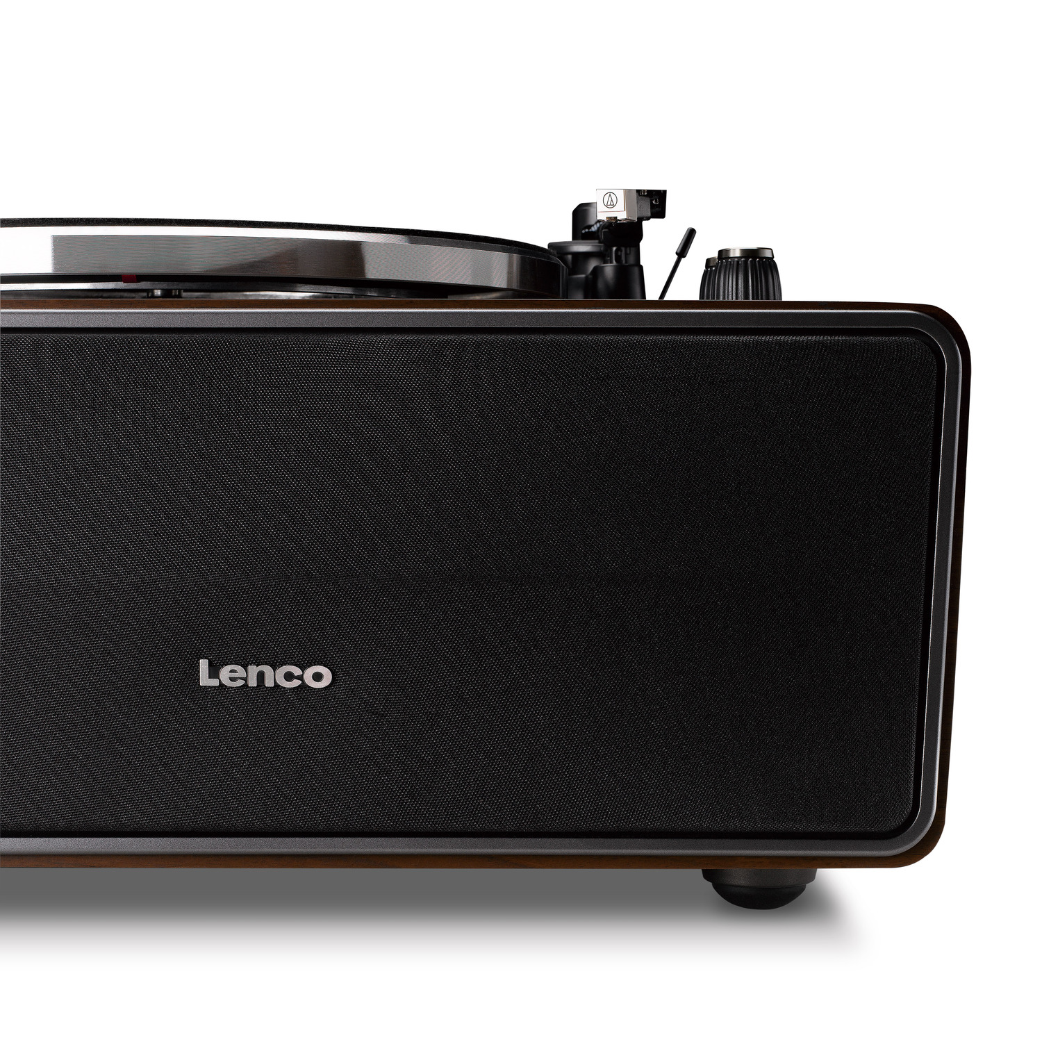Lenco turntable on a white background. Dark wood grain and a black speaker.