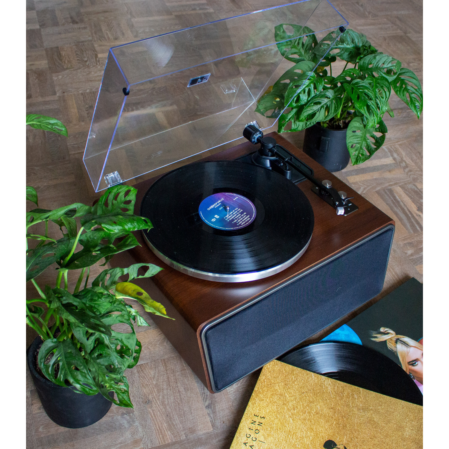 A turntable with a record playing, surrounded by green plants, on a wooden surface.