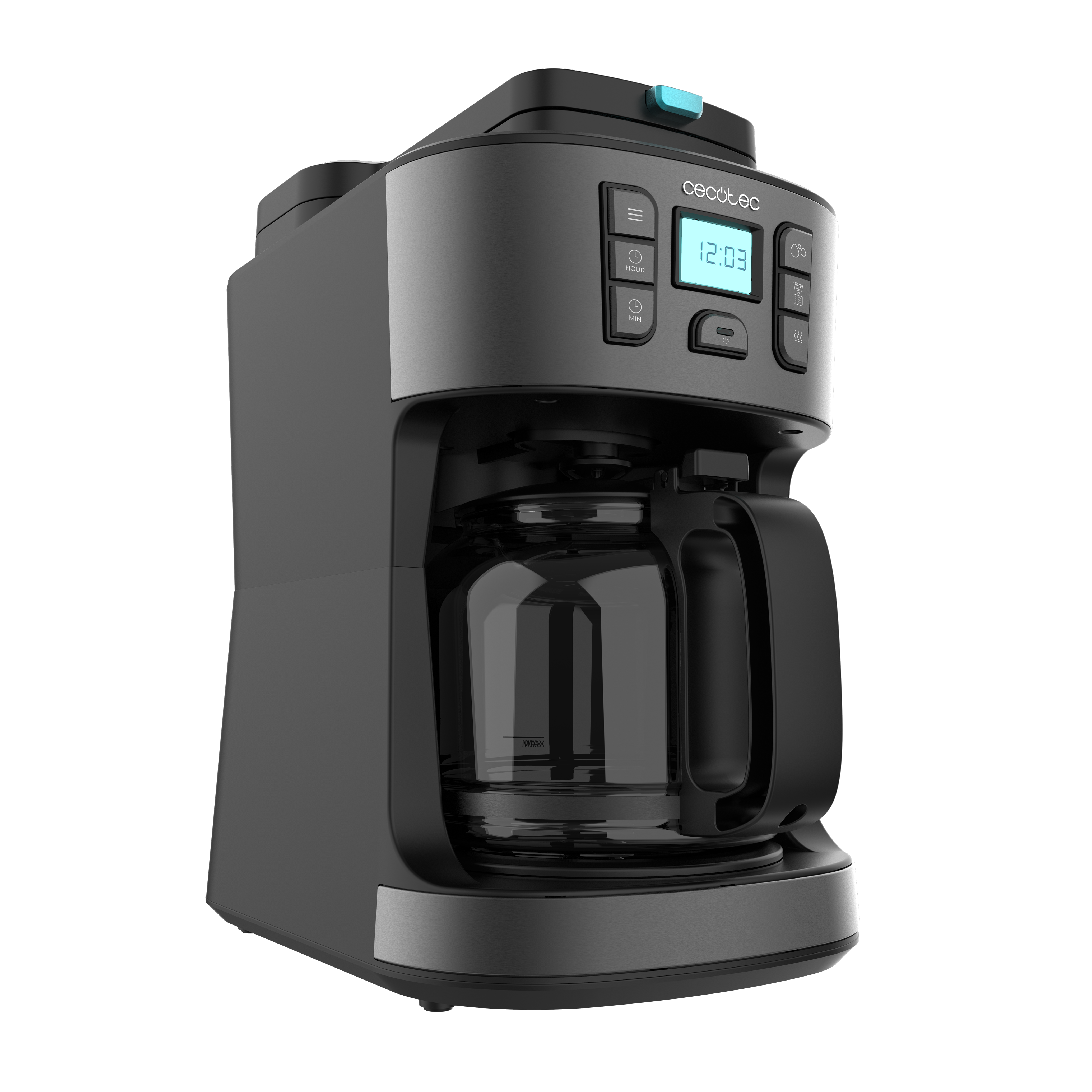 Una cafetera Cecotec negra con una jarra de vidrio y una pantalla digital.