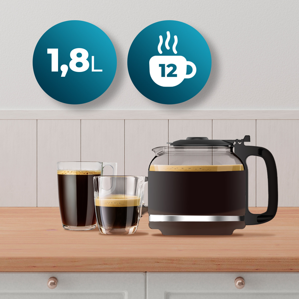 Cafetera con dos vasos de café y dos círculos azules con texto.