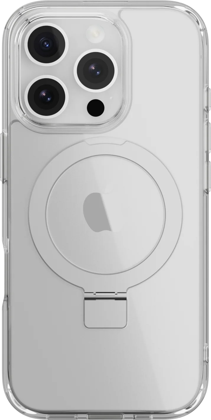 Átlátszó telefontok hátulnézete, kamerák lencséivel és egy Apple MagSafe töltővel.
