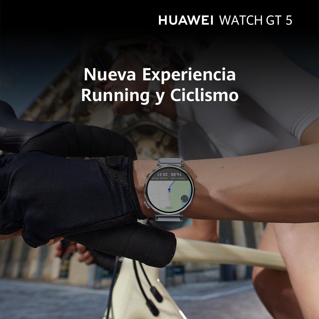 Persona con reloj inteligente montando en bicicleta. Texto: Nueva Experiencia Running y Ciclismo.