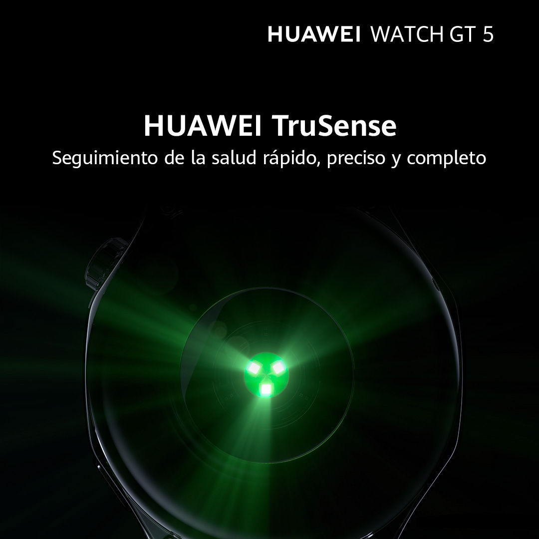 Un smartwatch con luz verde, y las palabras HUAWEI WATCH GT 5, y texto de seguimiento de salud.