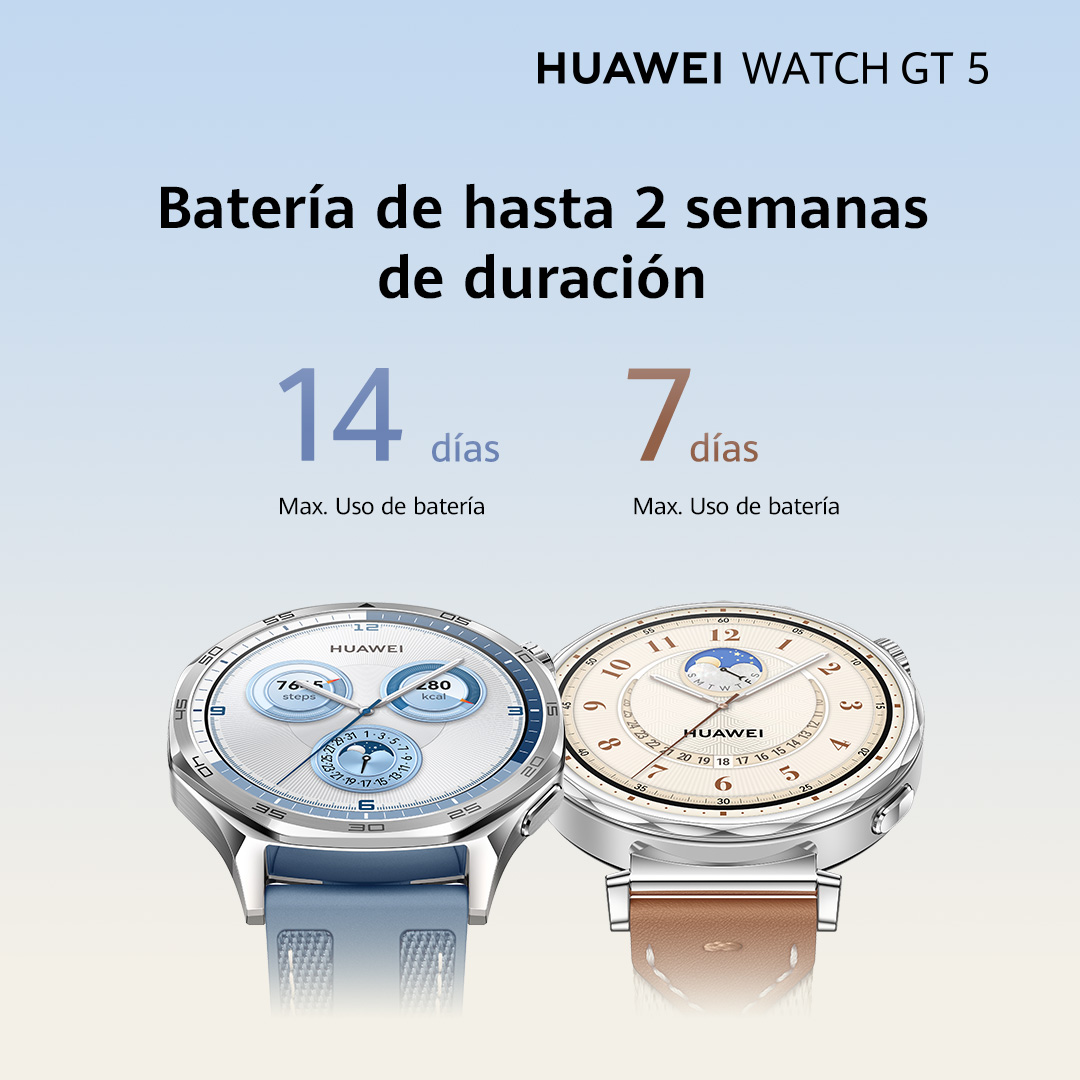 Dos smartwatches uno al lado del otro, mostrando la duración de la batería: 14 días y 7 días. Correas azul claro y marrón.
