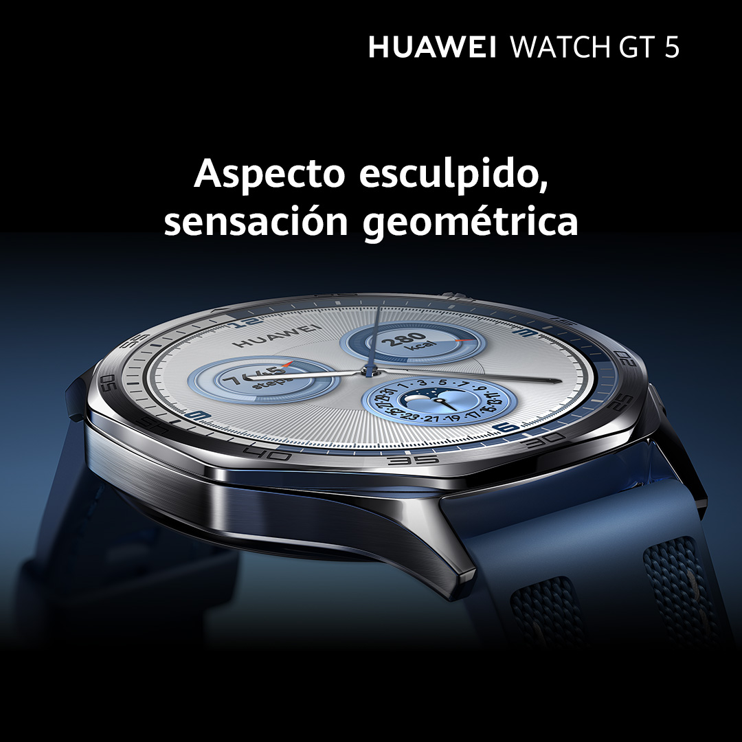 Smartwatch plateado con una correa azul que muestra datos, el dial tiene un diseño circular.
