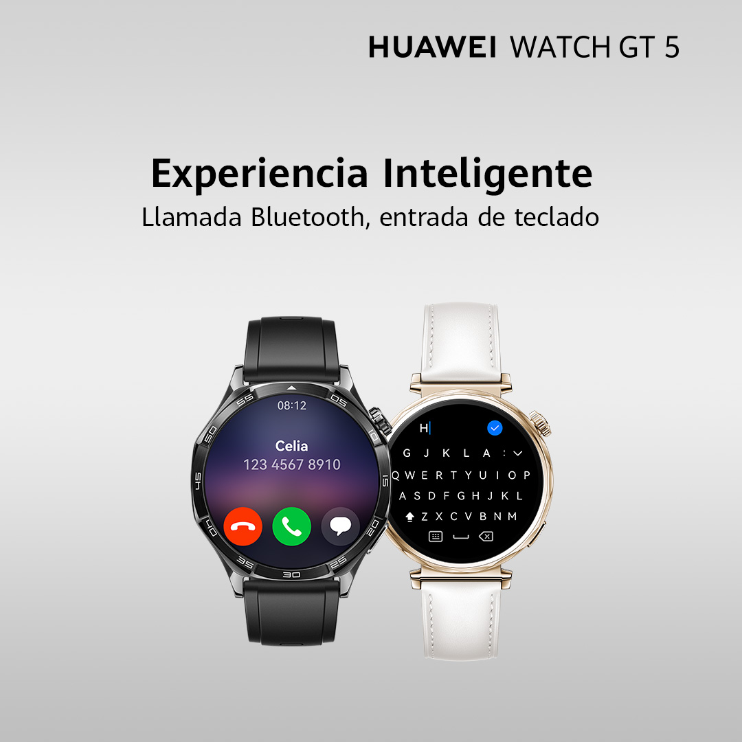 Dos smartwatches. Uno negro, otro dorado con correa blanca. Las pantallas muestran llamadas y teclado.