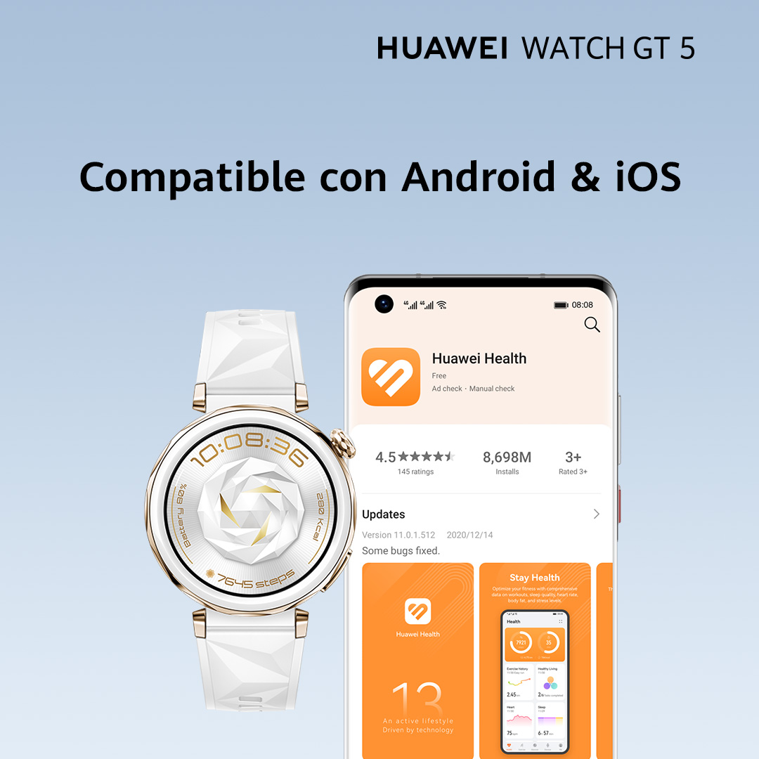 Un reloj inteligente con interfaz digital, un teléfono que muestra una aplicación y texto sobre compatibilidad.
