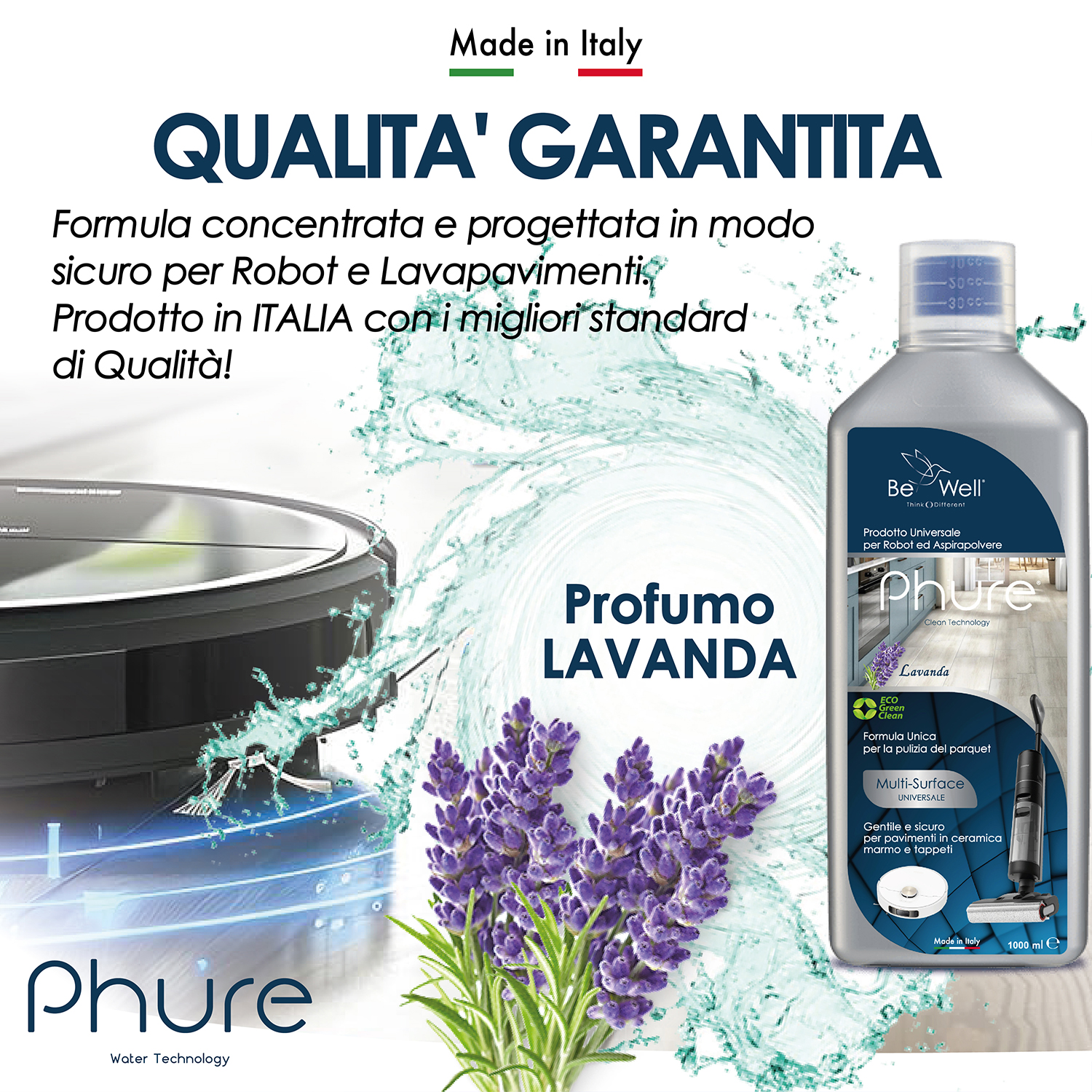 Prodotto per la pulizia con aspirapolvere robot e lavanda.