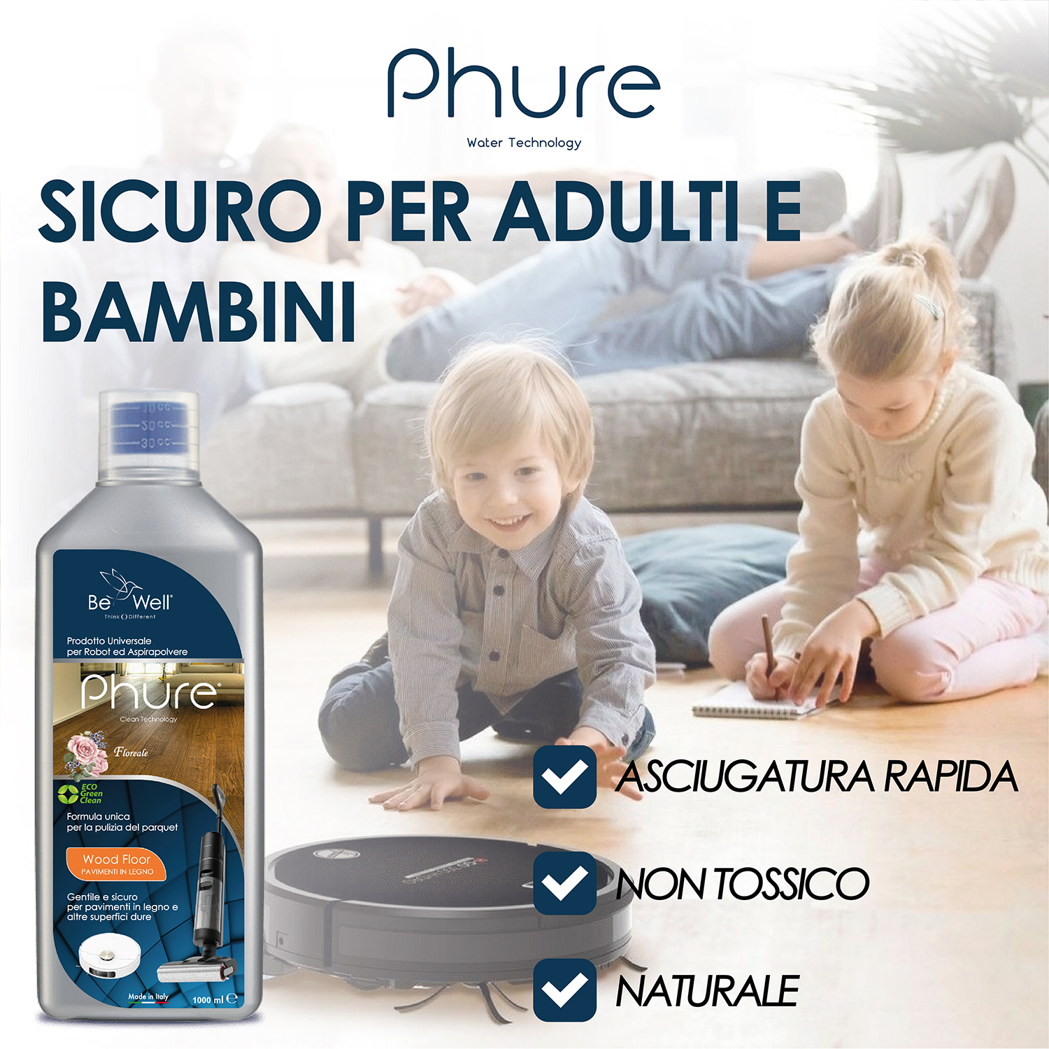 Una soluzione detergente e un robot aspirapolvere con persone sullo sfondo.