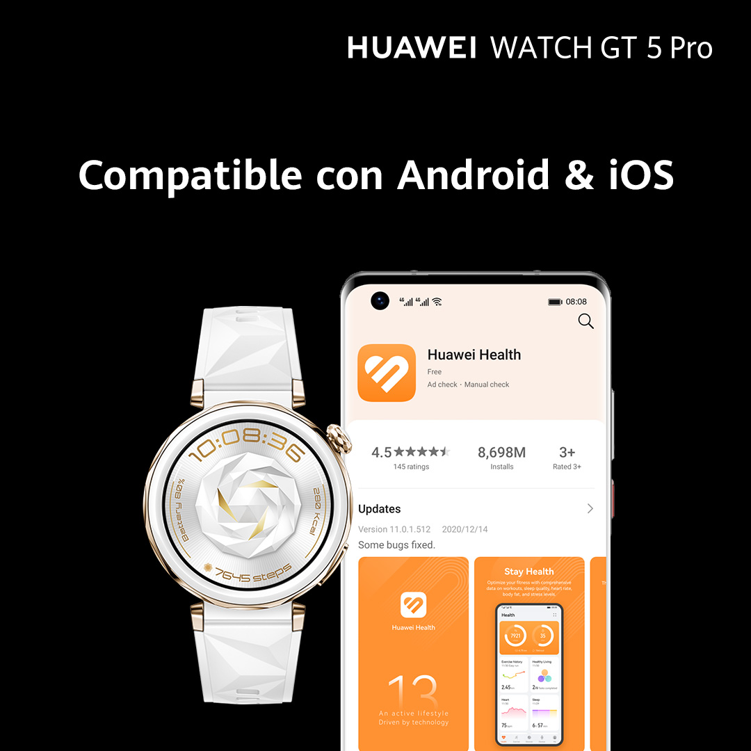 Huawei Watch GT 5 Pro con una captura de pantalla de la aplicación en una pantalla de teléfono inteligente.