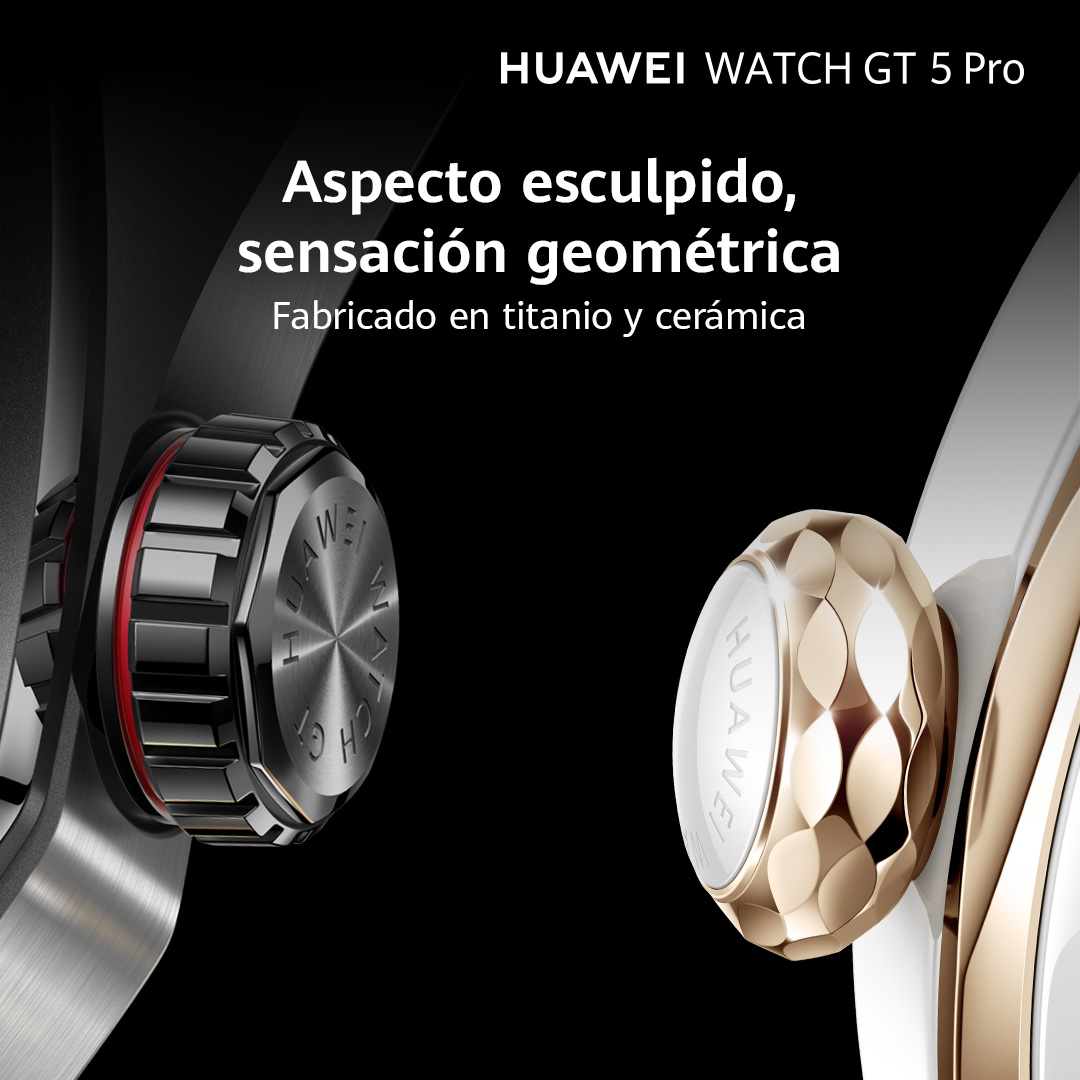 Primer plano de un Huawei Watch GT 5 Pro. La esfera es dorada y negra. También se ve una esfera blanca y dorada.