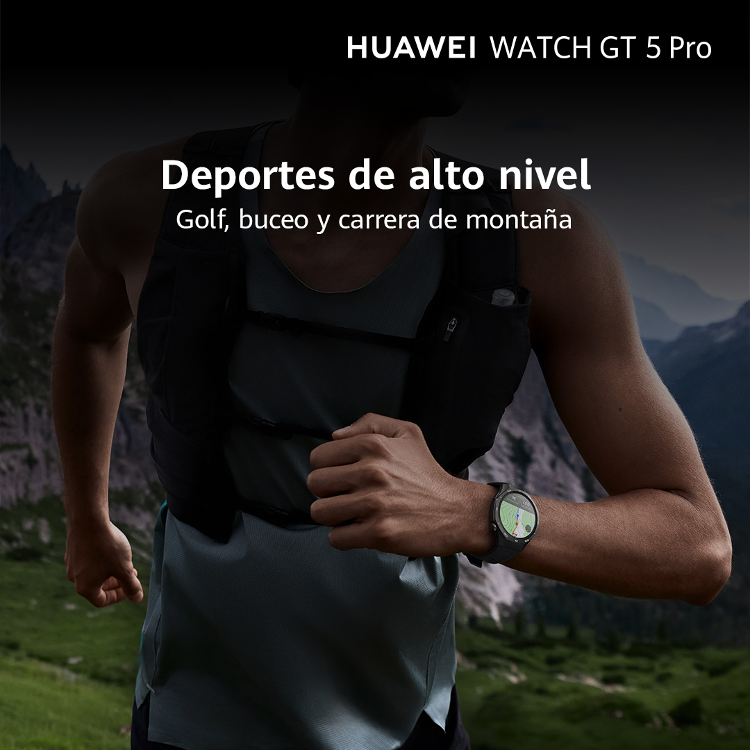Hombre con smartwatch, corriendo en montañas. Texto: Deportes de alto nivel: golf, buceo, montañismo.