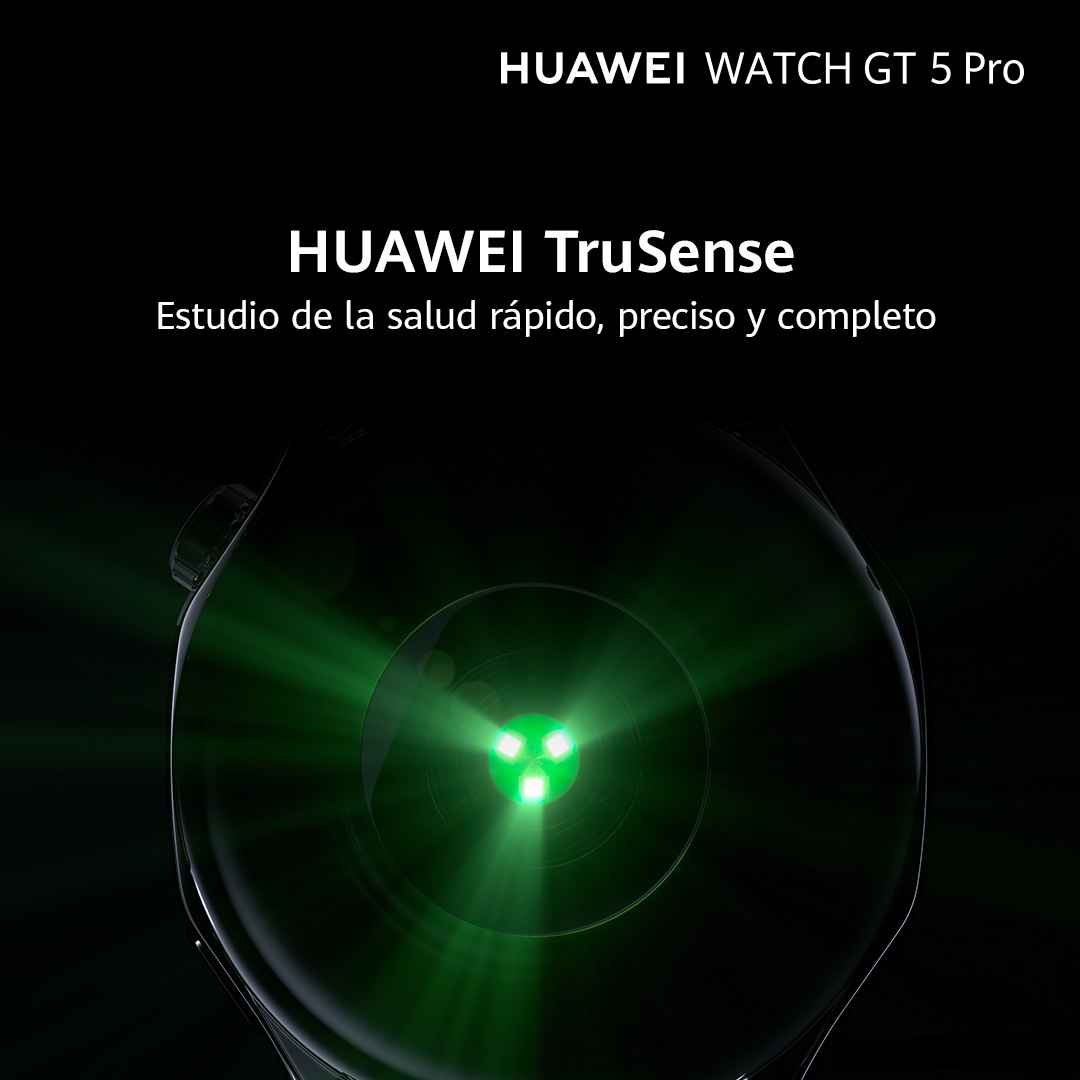 Smartwatch con luz verde. Texto: Huawei TruSense, Estudio de salud.