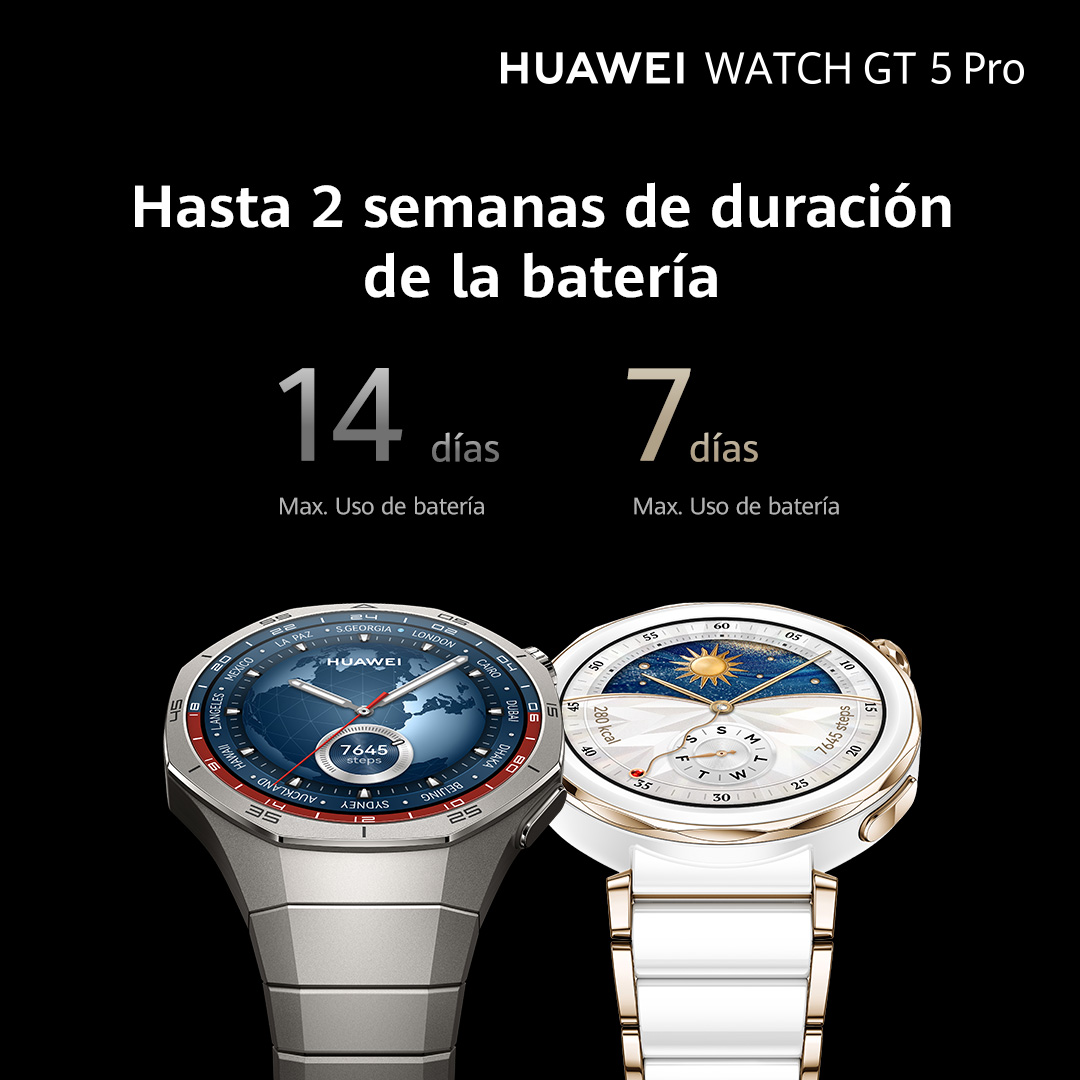 Dos smartwatches, con texto sobre la duración de la batería de 14 y 7 días.