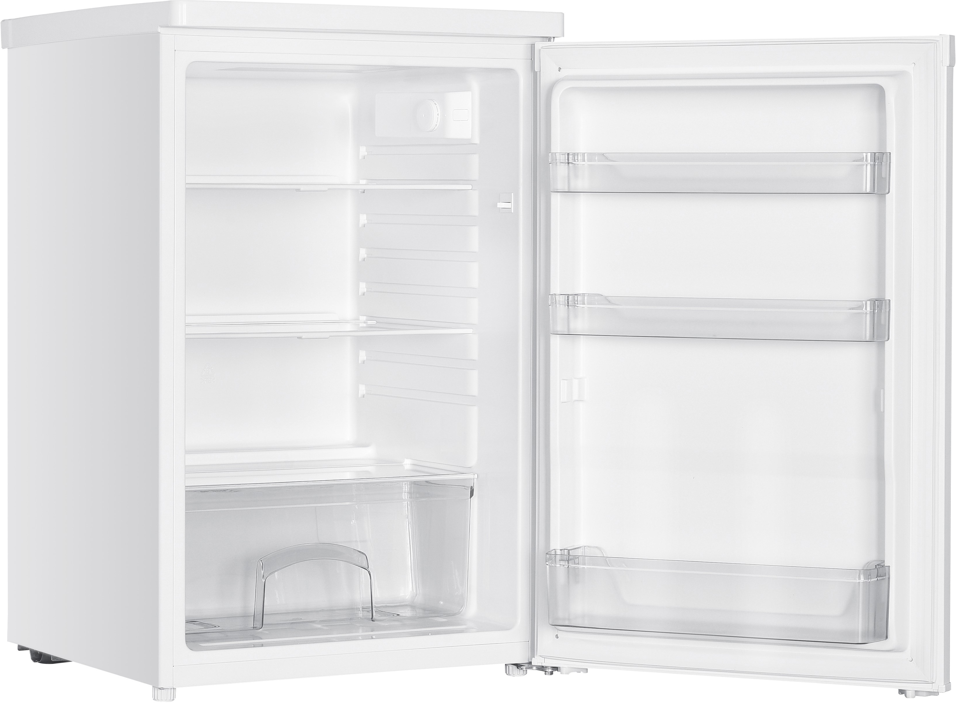 Ein weißer Mini-Kühlschrank mit offener Tür, die Regale und eine Schublade zeigt.