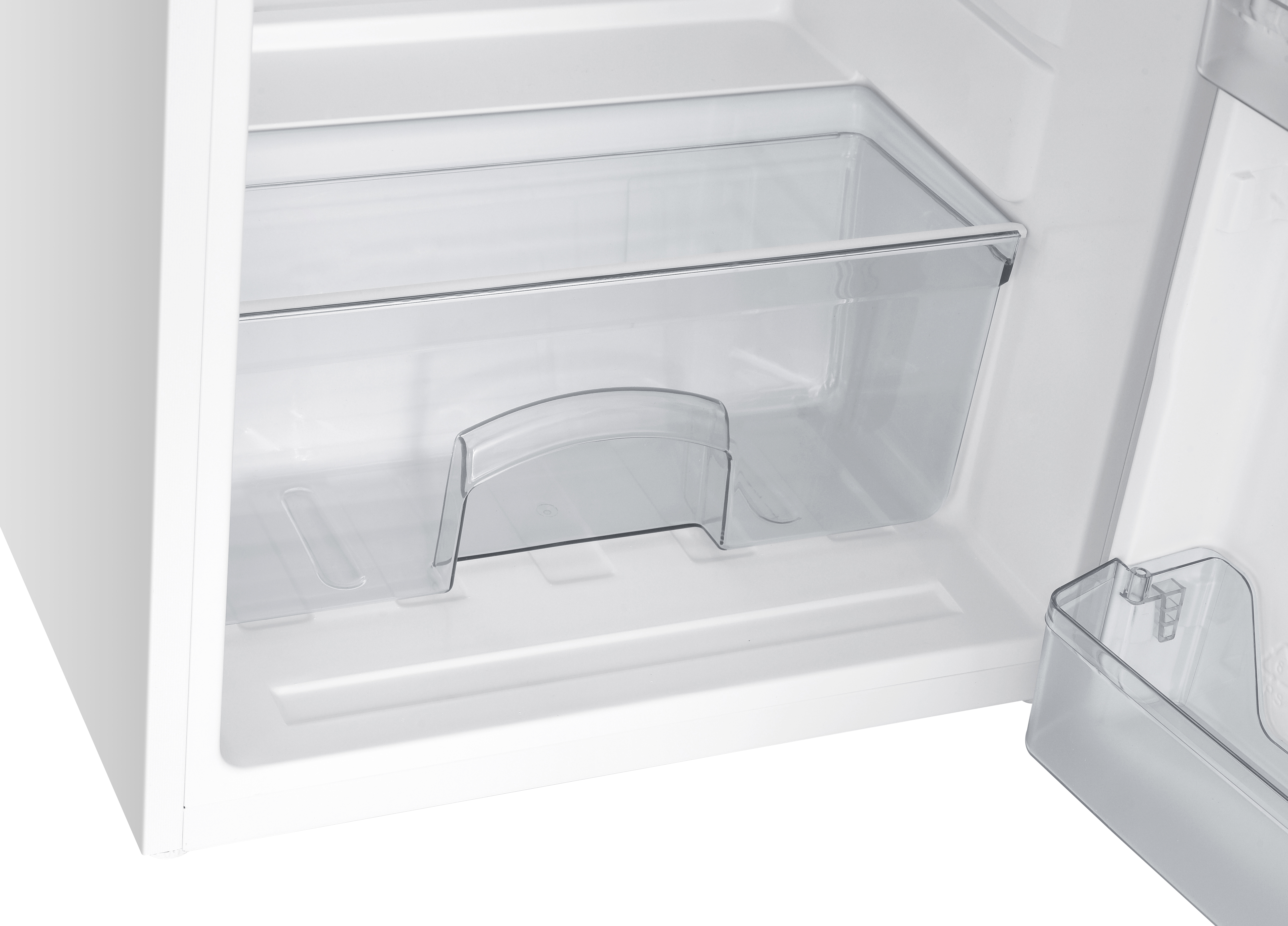 Innenraum eines weißen Kühlschranks. Eine transparente Aufbewahrungsschublade ist sichtbar.