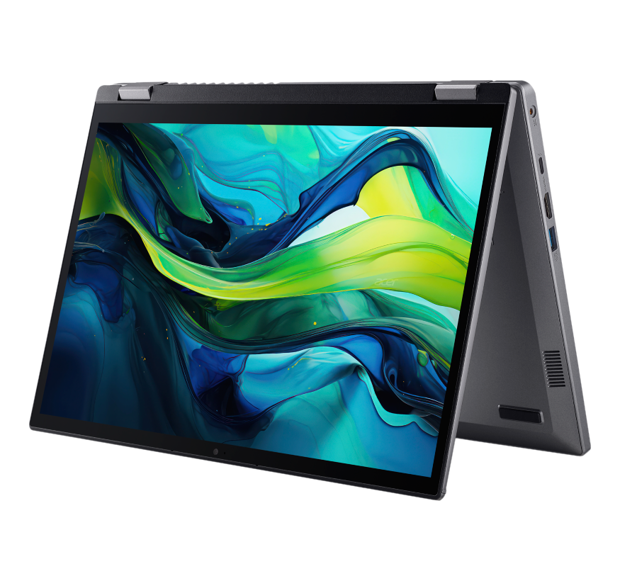 Ein Laptop mit schwarzem Rahmen, geöffnet. Der Bildschirm zeigt ein farbenfrohes Design. Der Laptop steht auf schwarzem Grund.