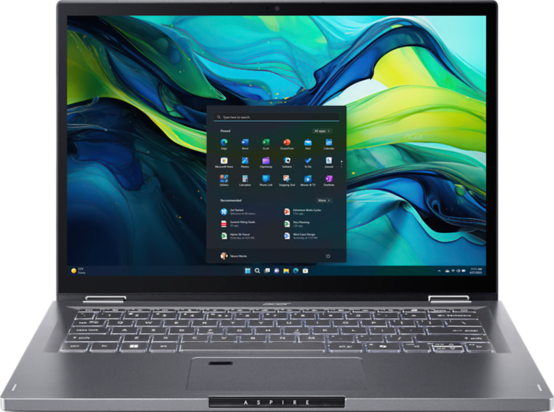 Silberner Laptop mit Benutzeroberfläche, die Apps auf schwarzem Hintergrund zeigt.