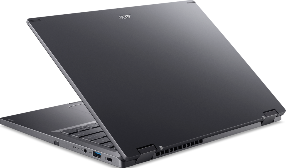 Ein dunkelgrauer Acer Laptop, geöffnet in einem Winkel, auf schwarzem Hintergrund.