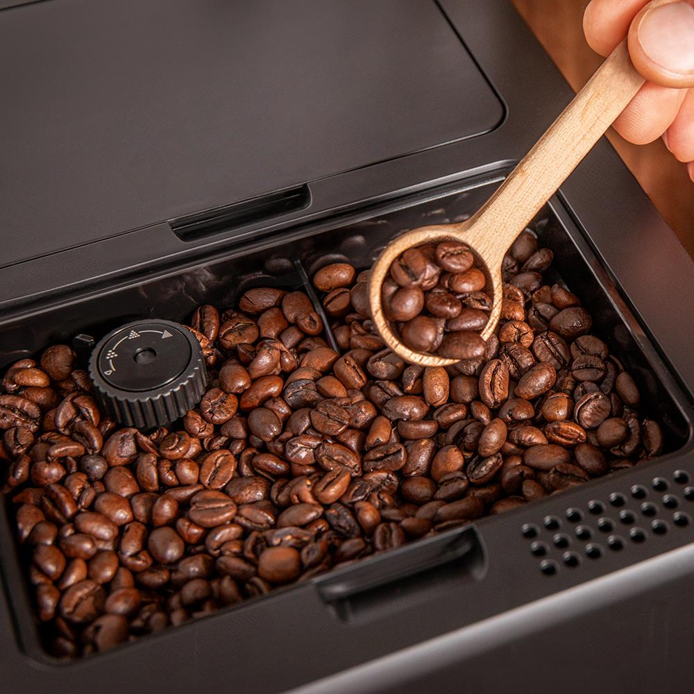 Primer plano de granos de café en un recipiente. Una cuchara de madera está entre los granos.