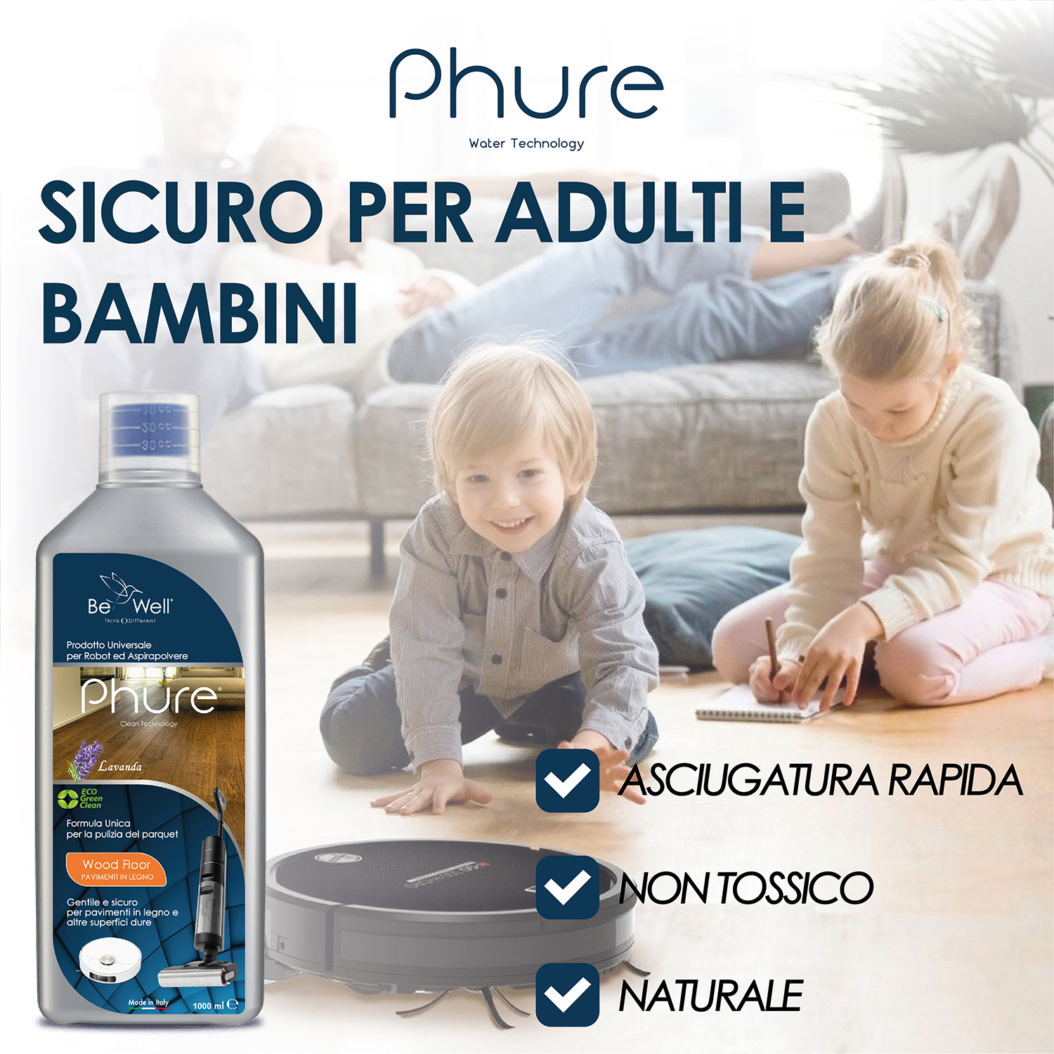 Foto del prodotto di una bottiglia di detergente per pavimenti con testo e un robot aspirapolvere.