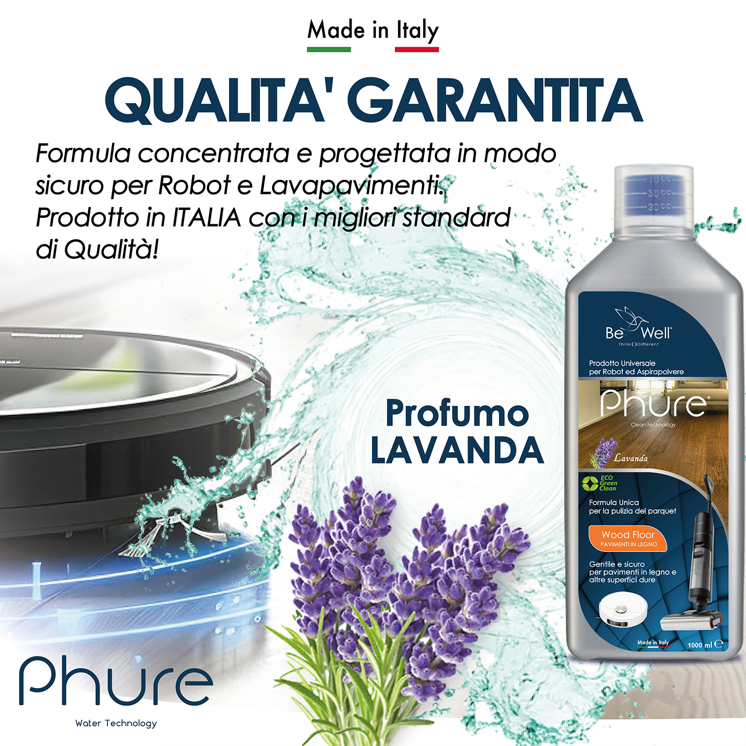 Flacone di detergente per pavimenti alla lavanda accanto alla lavanda.