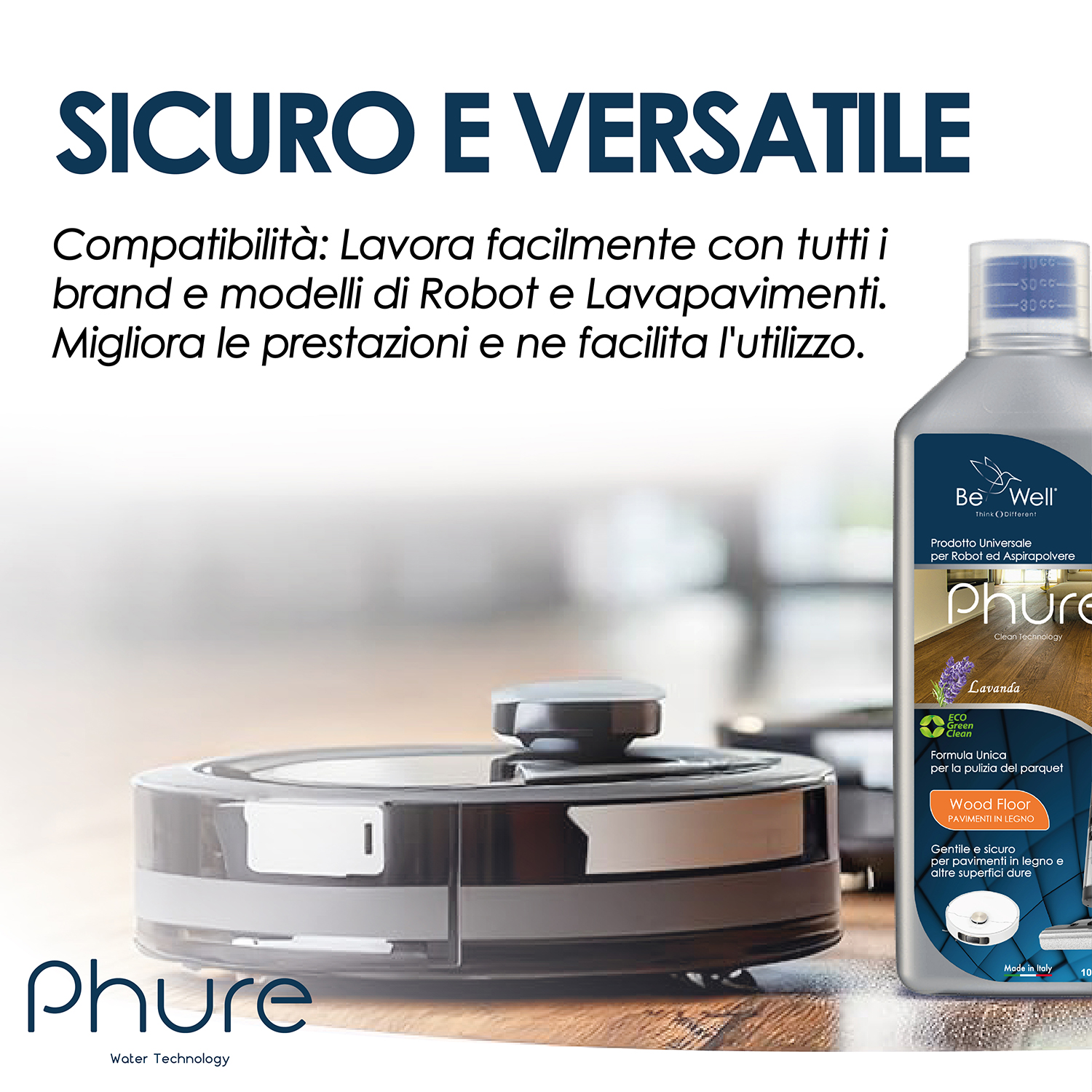 Scatola del prodotto con testo e un robot aspirapolvere su un pavimento in legno. Una bottiglia di soluzione detergente è vicina.