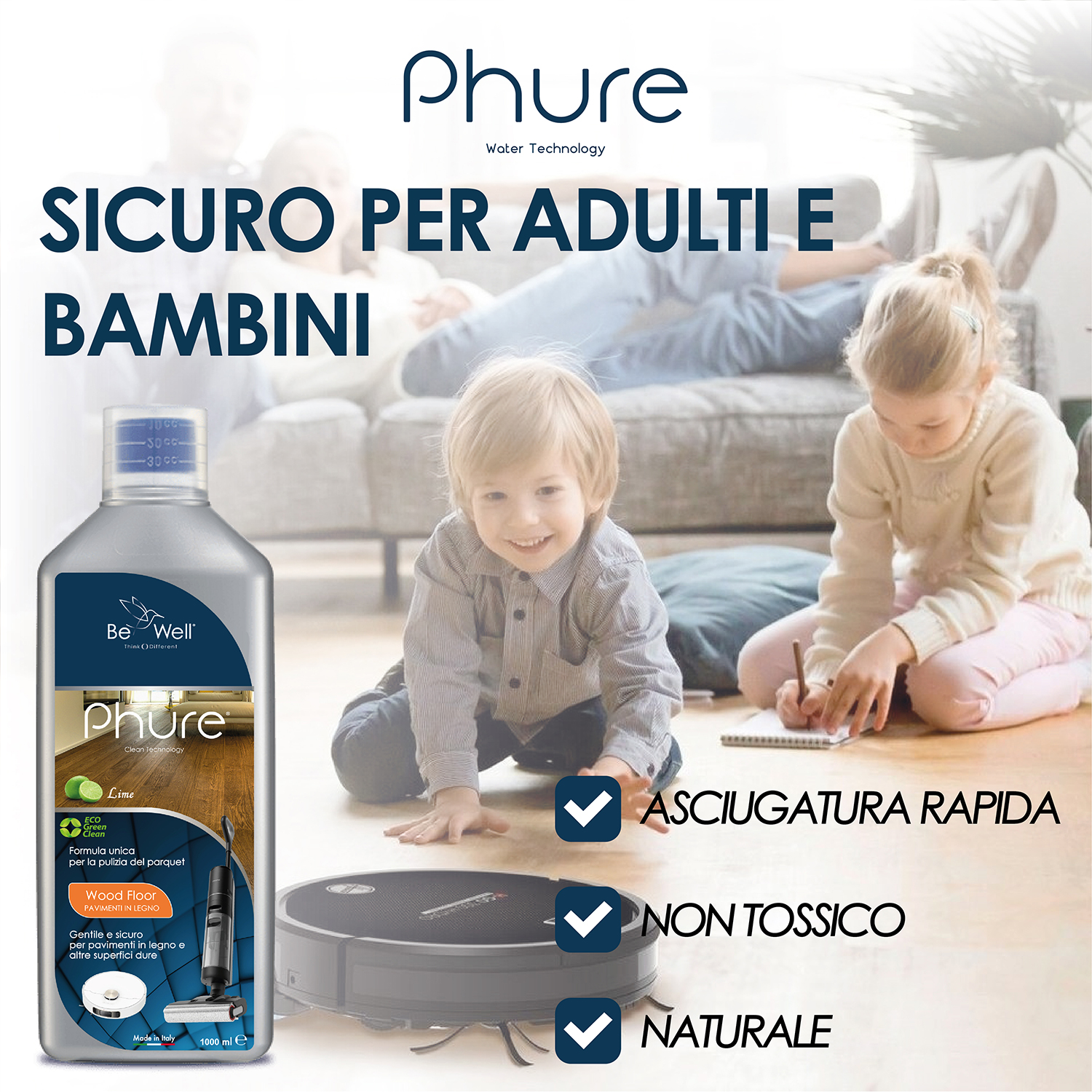 Prodotto per la pulizia con una famiglia sullo sfondo e un robot aspirapolvere sul pavimento.
