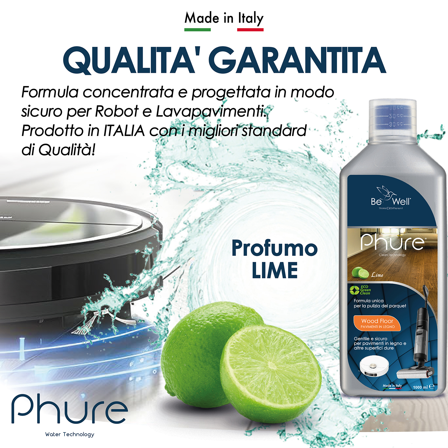 Un robot aspirapolvere, lime e una bottiglia di soluzione detergente al profumo di lime su uno sfondo di spruzzi d'acqua.