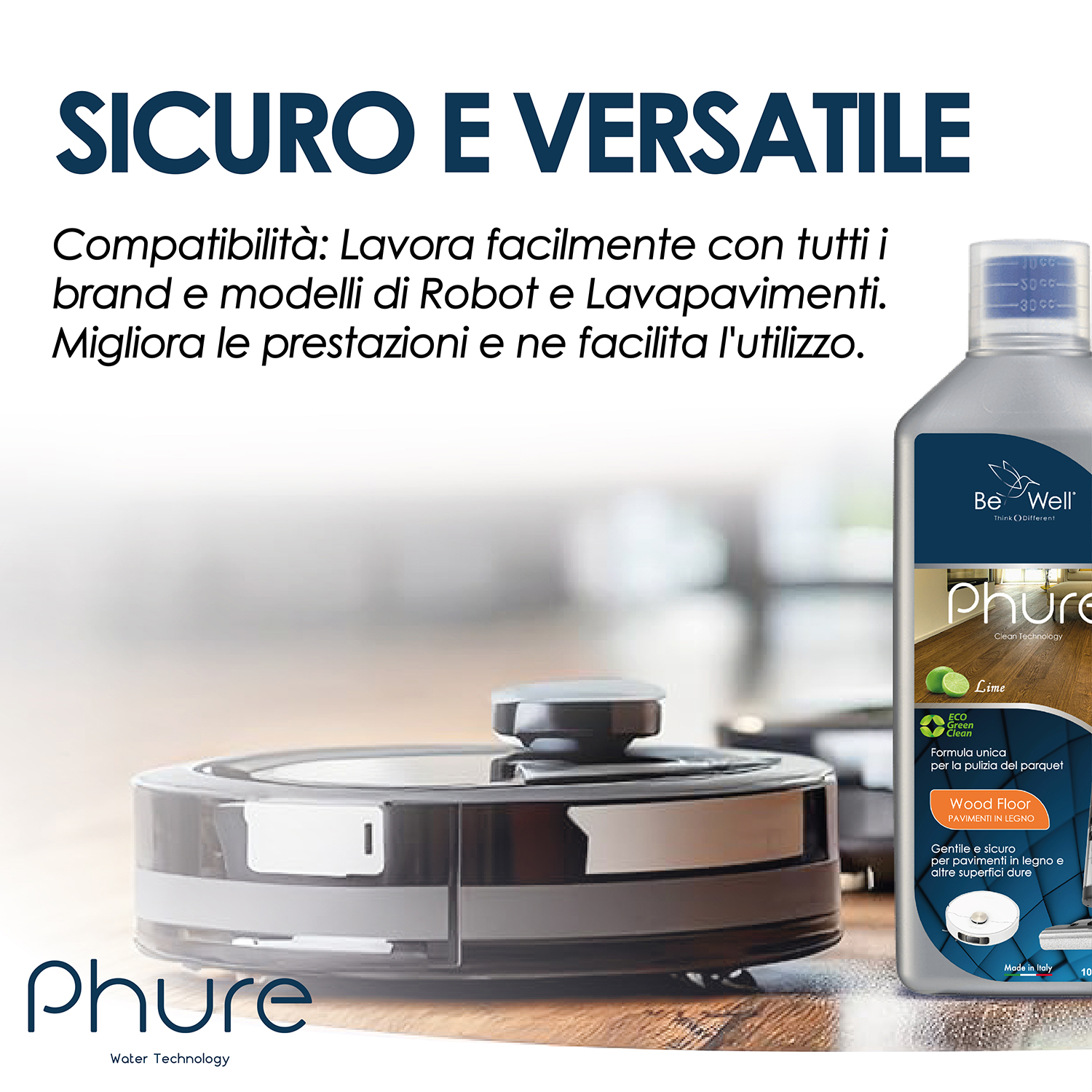 Robot aspirapolvere, flacone di soluzione detergente e testo su pavimento in legno.