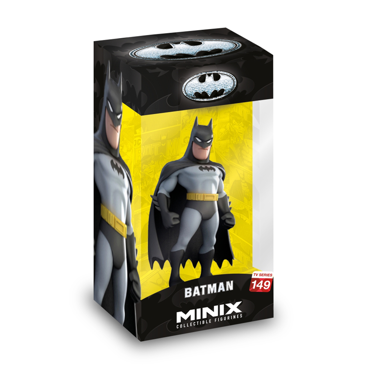 Figura di Batman Minix in una scatola, con una chiara visione della figura e del design della scatola.